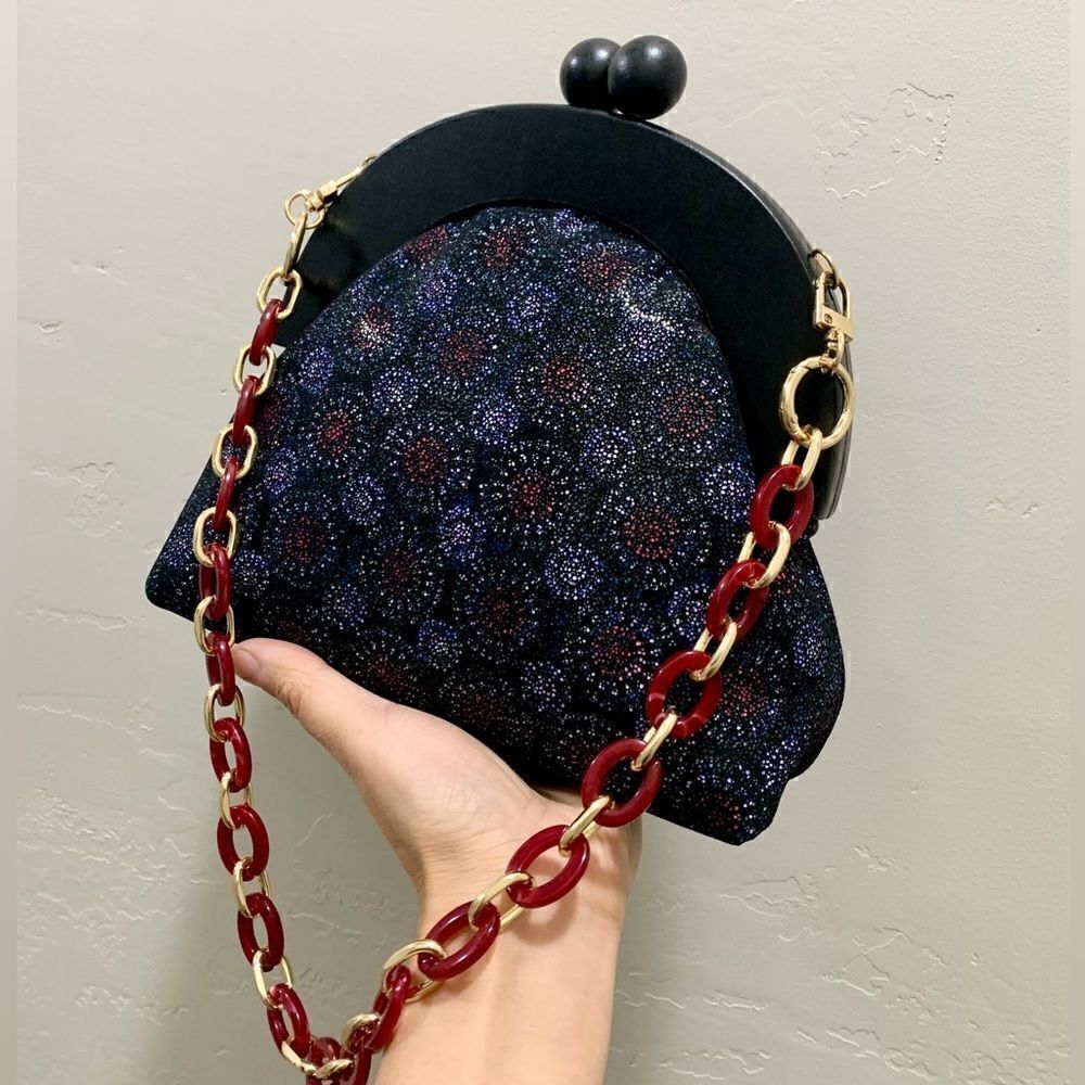 Oriental Style Genuine Leather Starburst Print, Wooden Frame Wristlet/CrossBody - Picture 2 of 16